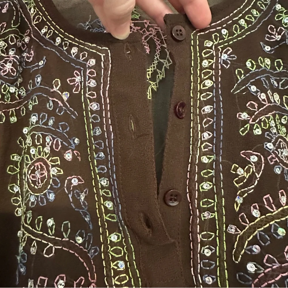 Betty B. Sheer Fairycore Brown Embroidered Boho Festival Tunic Top - Picture 3 of 6